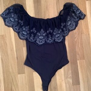𝅺ALYA Bodysuit Scoopneck/Off-Shoulder Blue Lace Women’s M